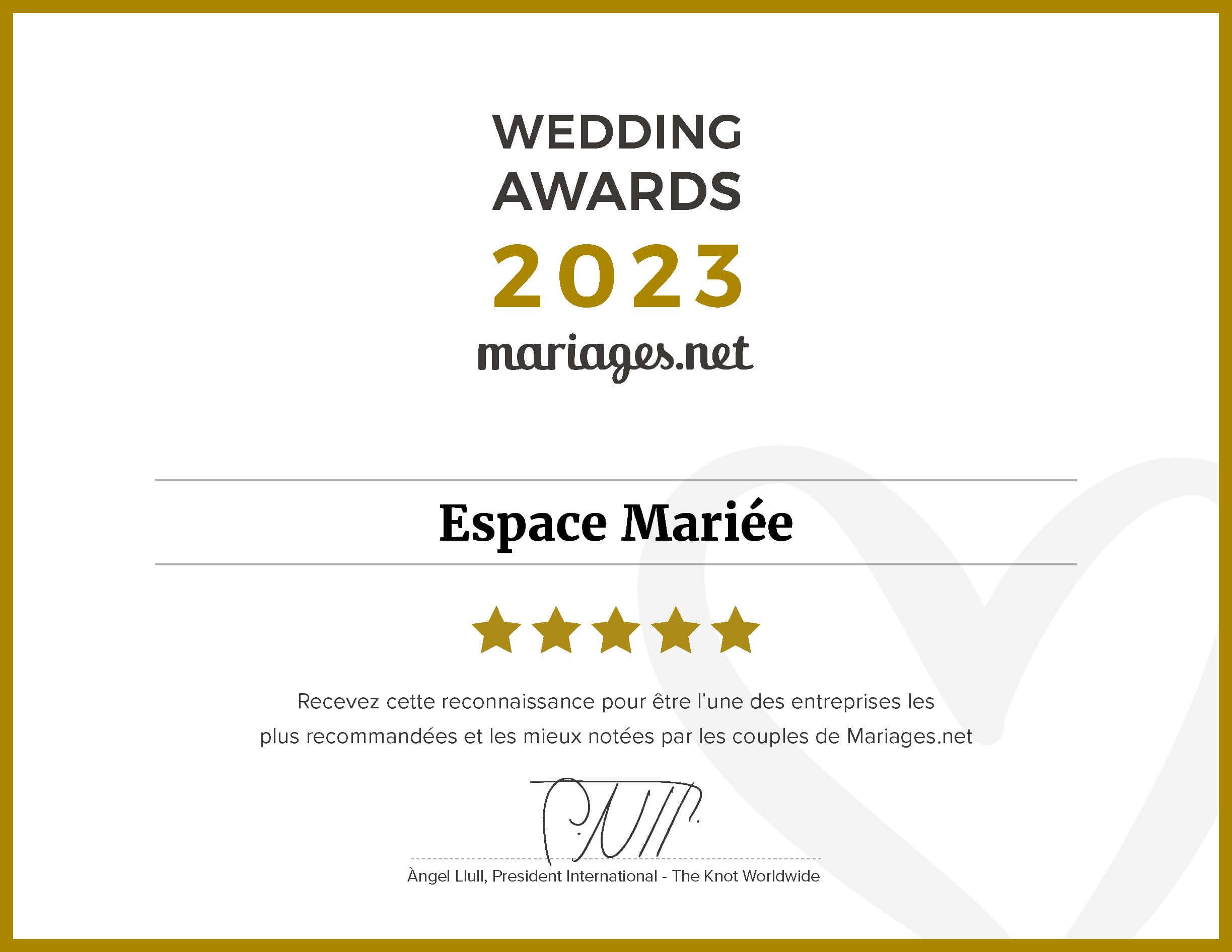 Certificat Wedding Awards 2023 Espace Mariée
