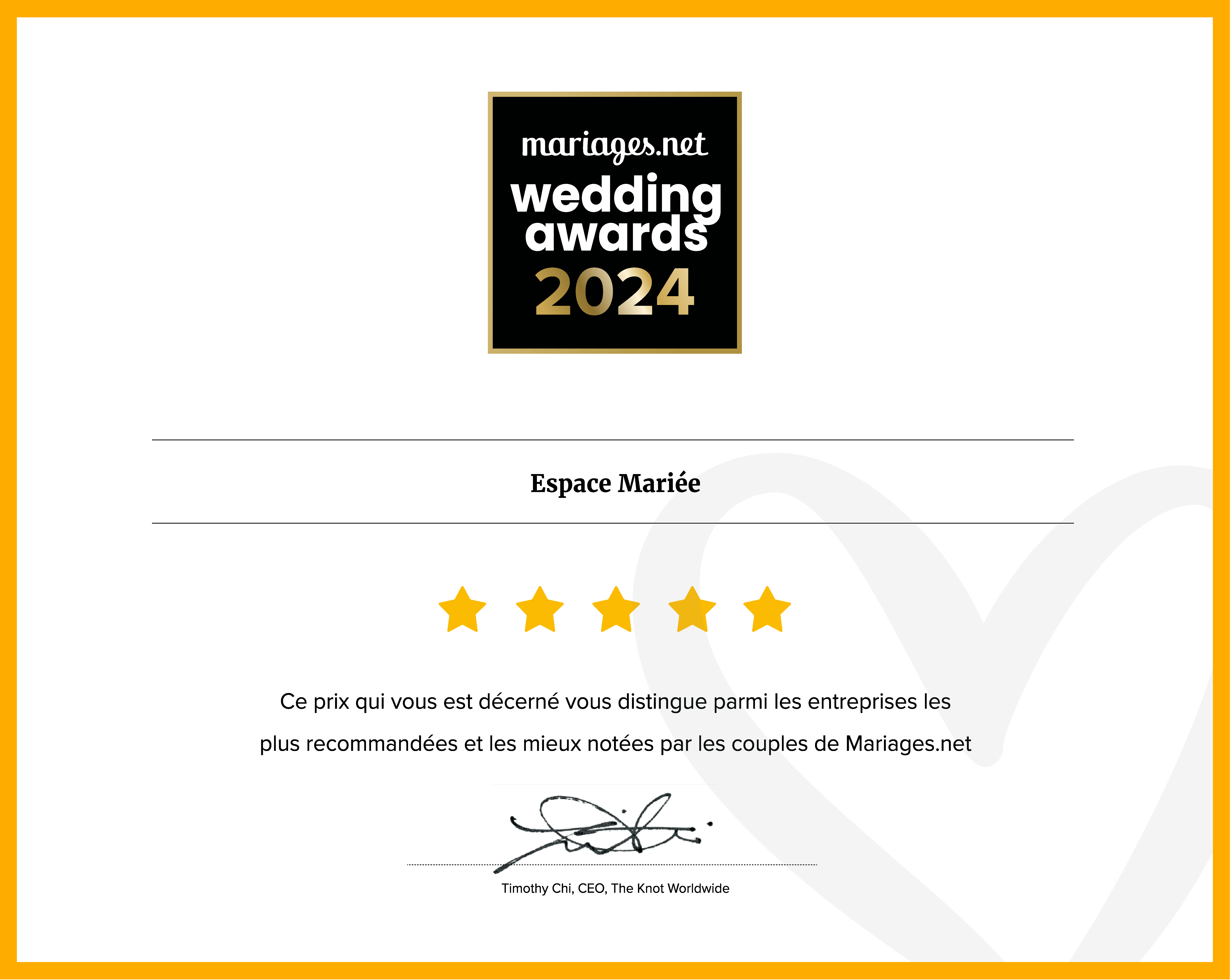 Certificat Wedding Awards 2024 Mariages.net - Espace Mariée Nantes